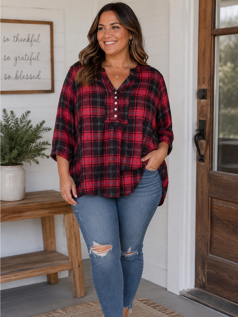 Charlie Paige Red and Black Plaid Tunic Top